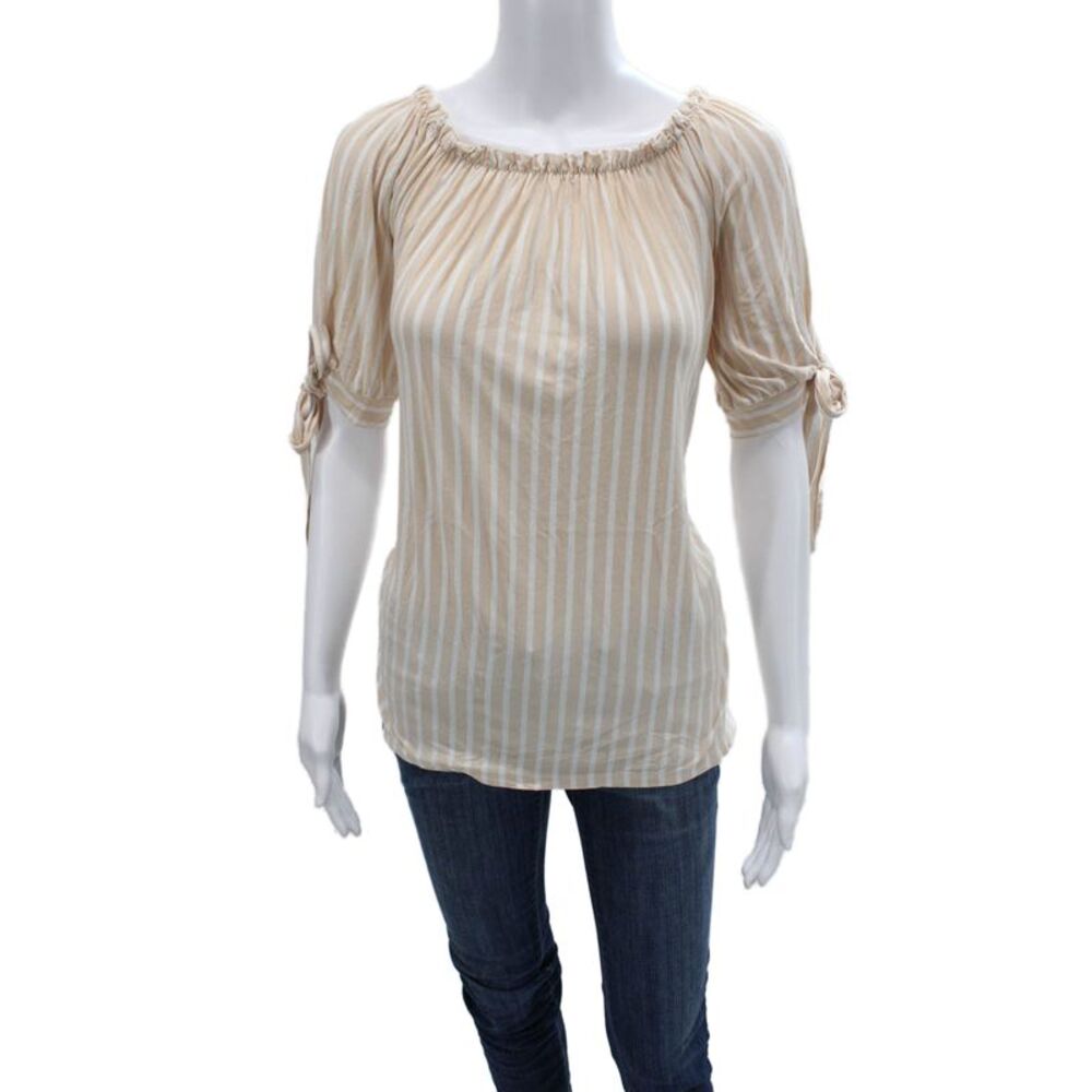 Aquavita Women Beige Striped Bohemian Tie Closure 3/4 Sleeve Blouse Size S